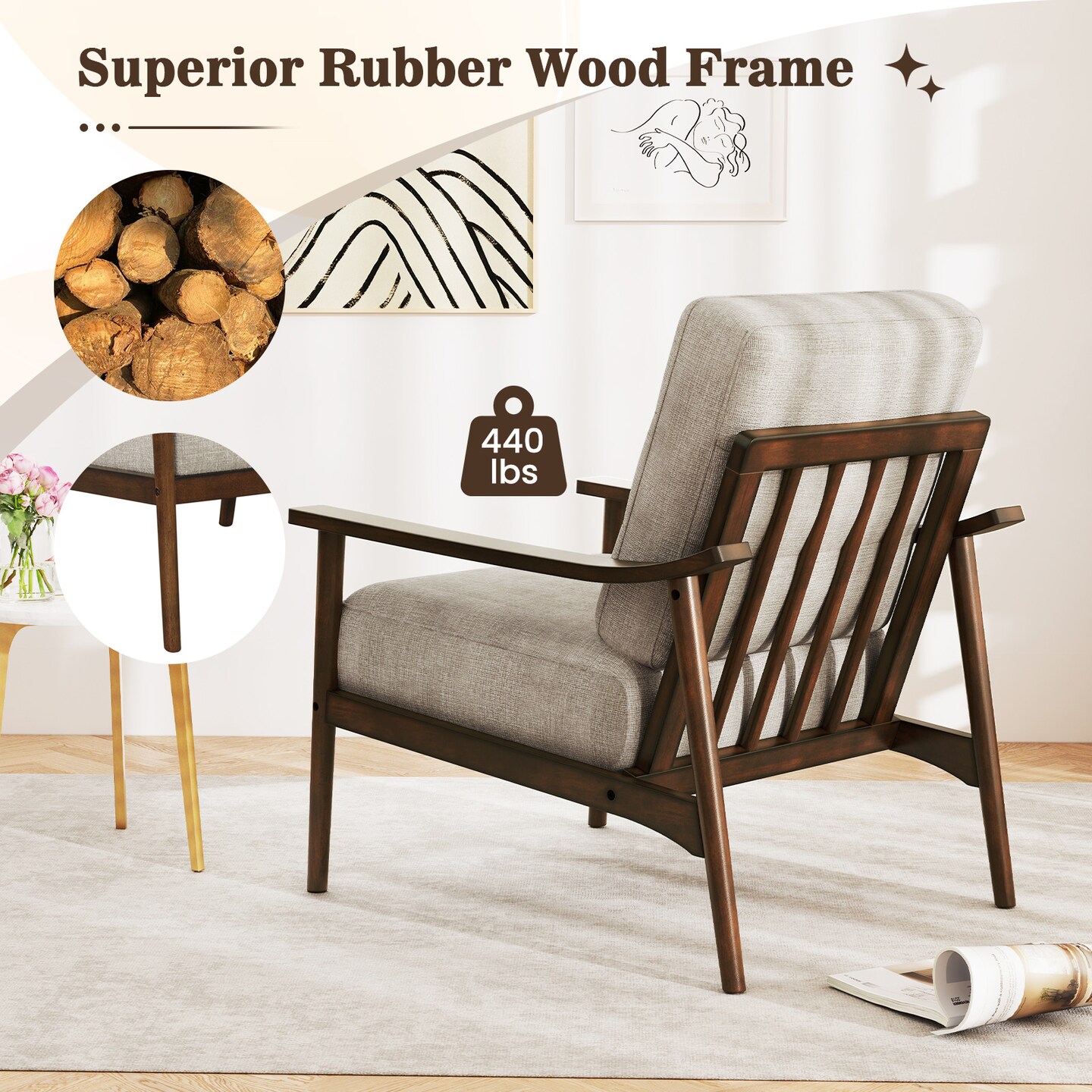 Living Room Modern Accent Chair with Padded Cushion and Rubber Wood Frame