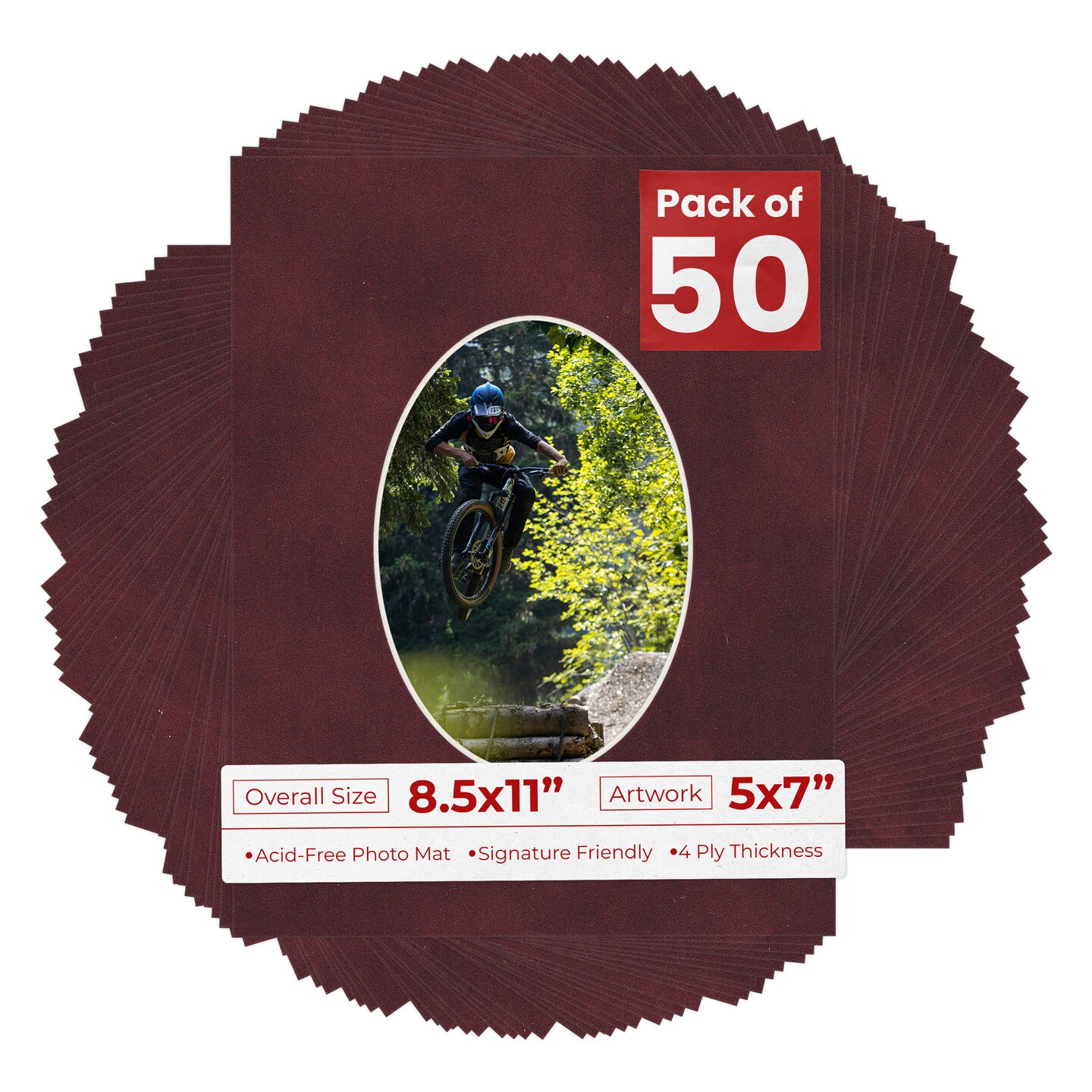 Dark Red Suede Mat Board for 8.5x11 Frames - Oval Opening for 5x7 Photos