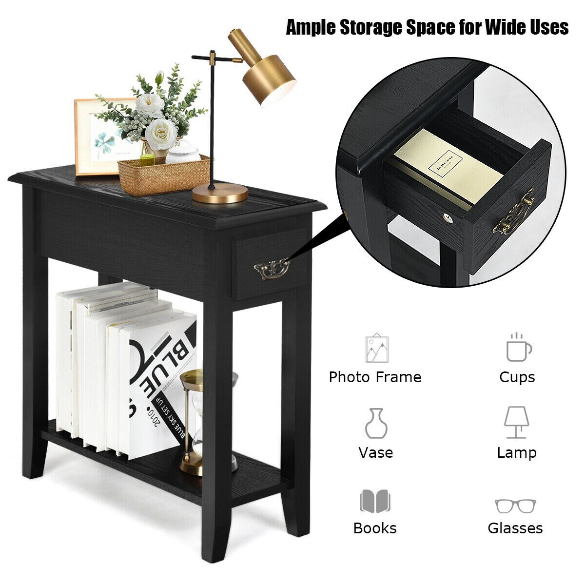 2-Tier End Table Set 2 Pieces with Drawer and Open Shelf for Bedside or Sofa