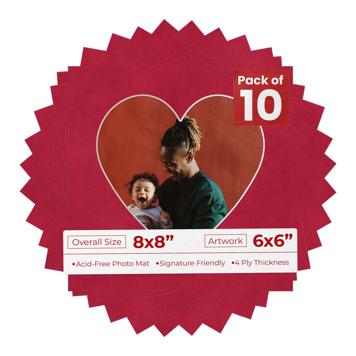 Red Suede Mat Board for 8x8 Frames - Heart Opening for 6x6 Photos