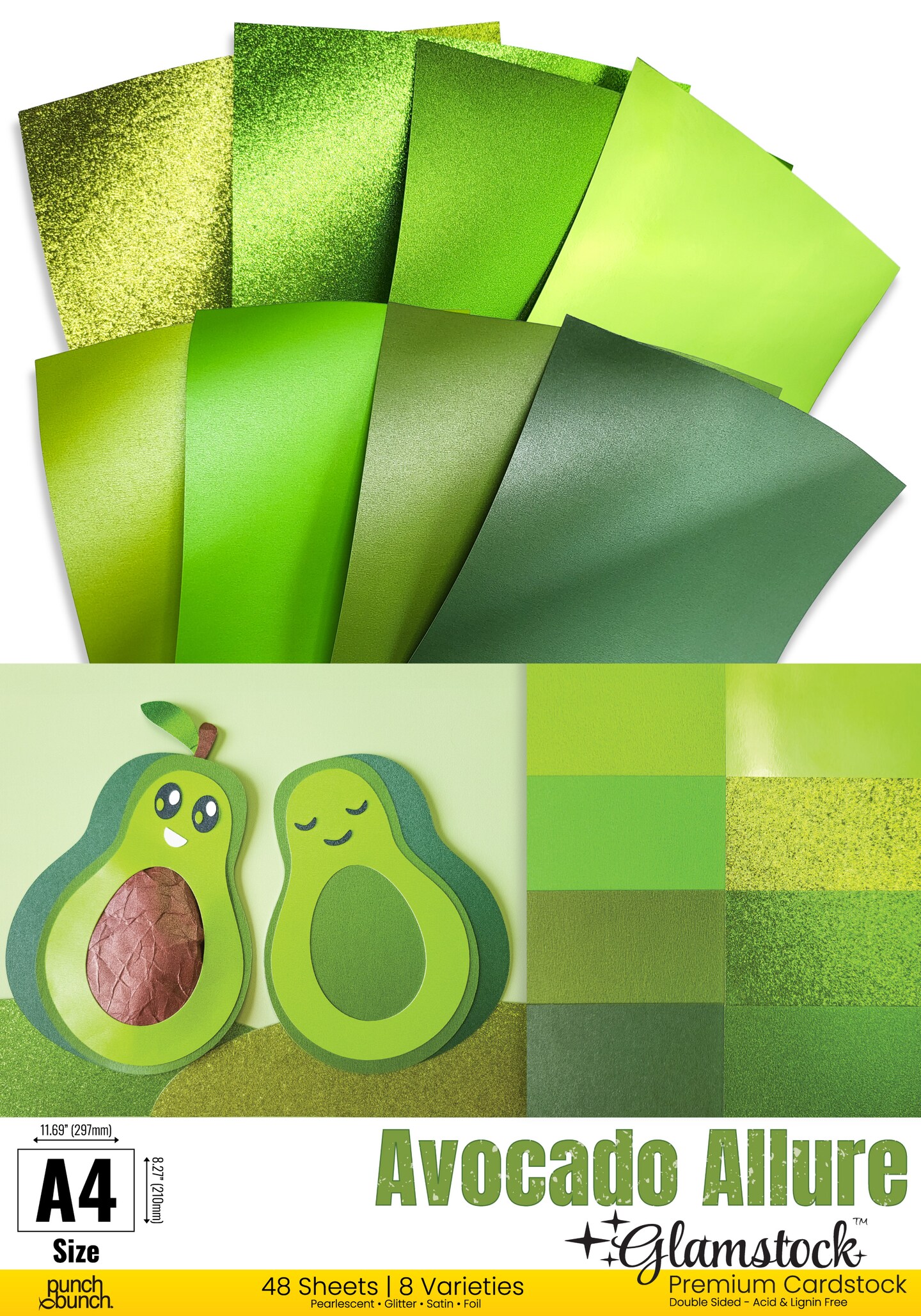 Avocado Allure Glamstock™ – Premium Green Cardstock Book featuring Pearlescent, Satin, Foil & Glitter Papers, 48 Pages, A4 Size, for Scrapbooking, Crafts & Invitations