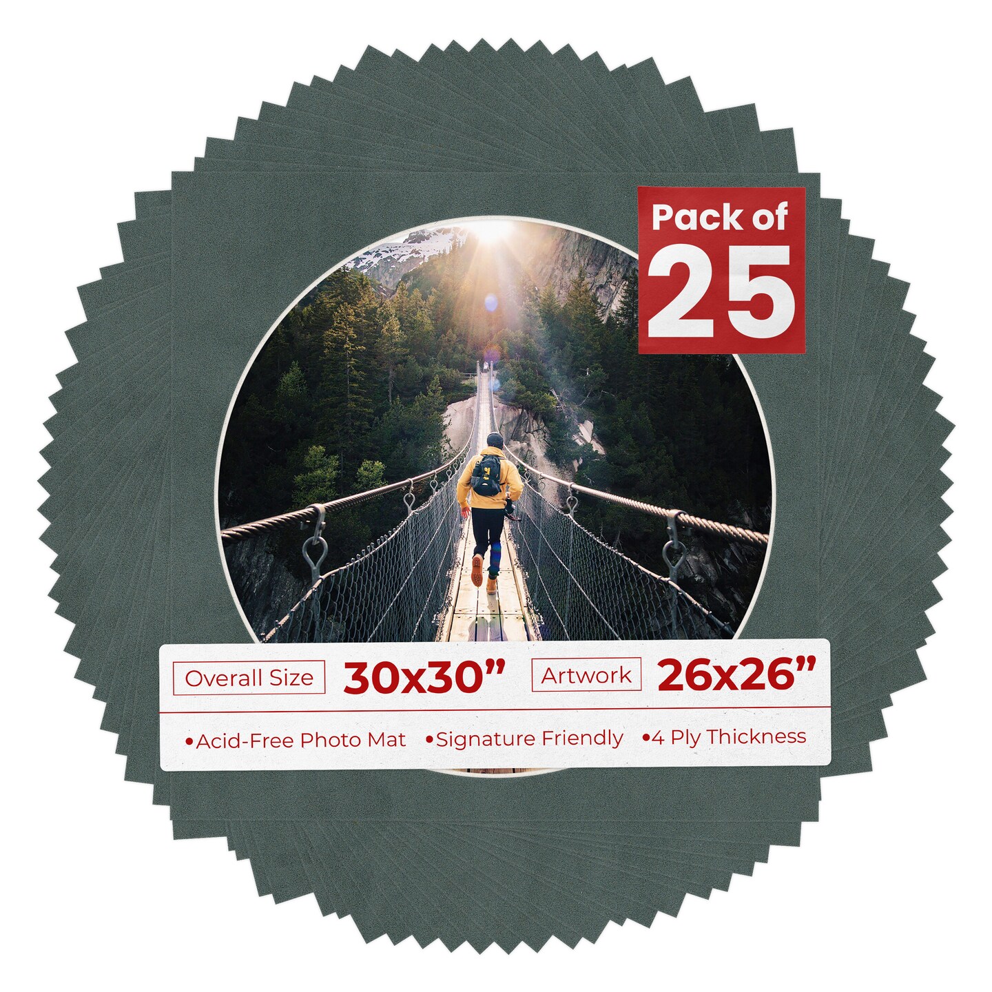 Dark Grey Suede Mat Board for 30x30 Frames - Circle Opening for 26x26 Photos