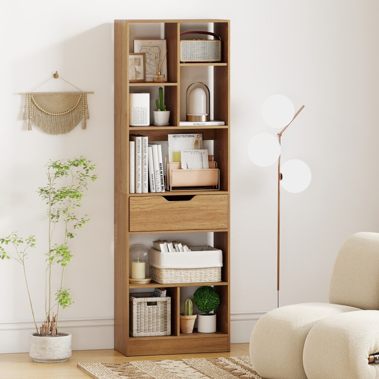 61 Inch Tall Freestanding Bookcase with 8-Cube Storage and Drawer