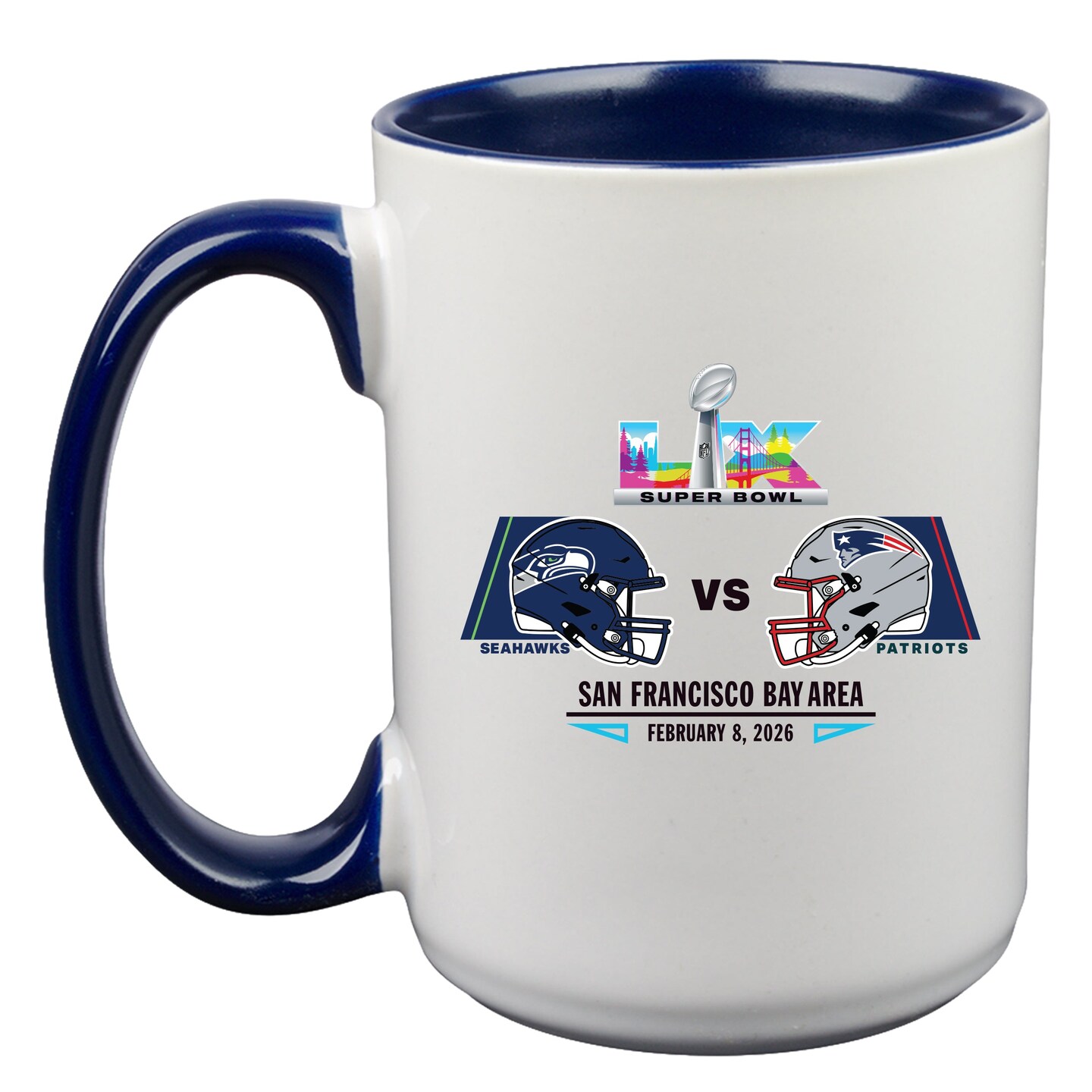15oz White Mug with Navy Inner Color, Sublimation, Patriots vs. Seahawks,  Super Bowl 60, Dueling, 2026 | Michaels