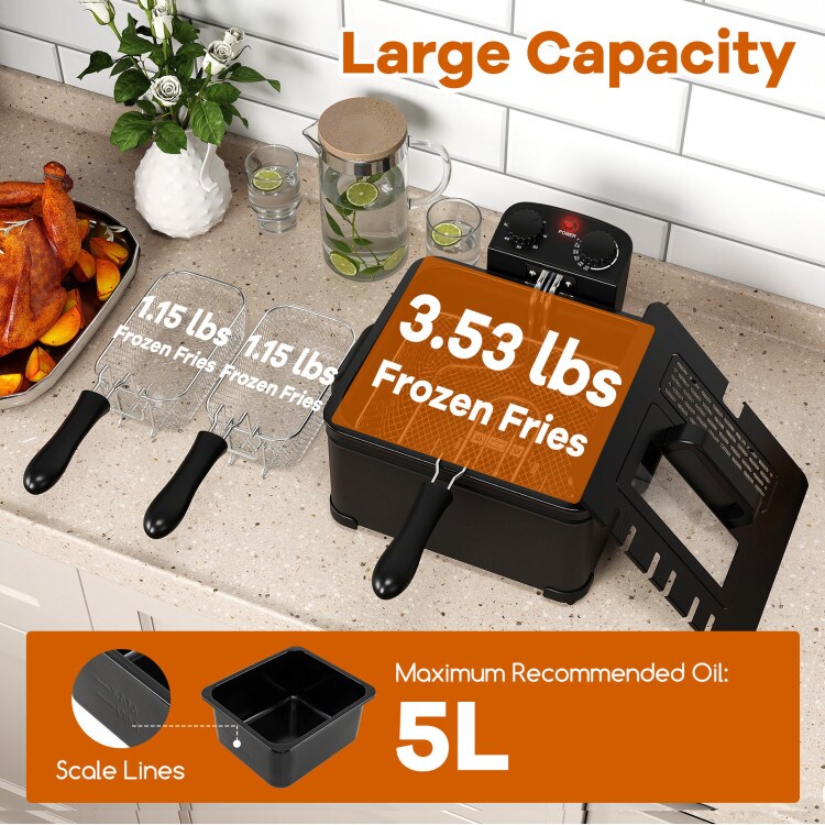 Electric Deep Fryer 5.3 Quart Stainless Steel 3 Baskets Adjustable Temp