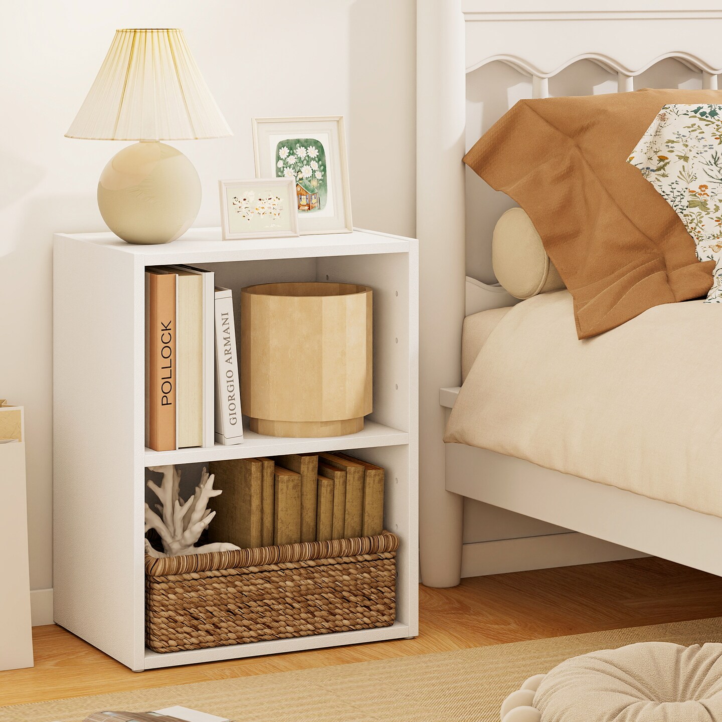 2-Tier Open Storage Cabinet MDF Wood Veneer Strong Load Bearing
