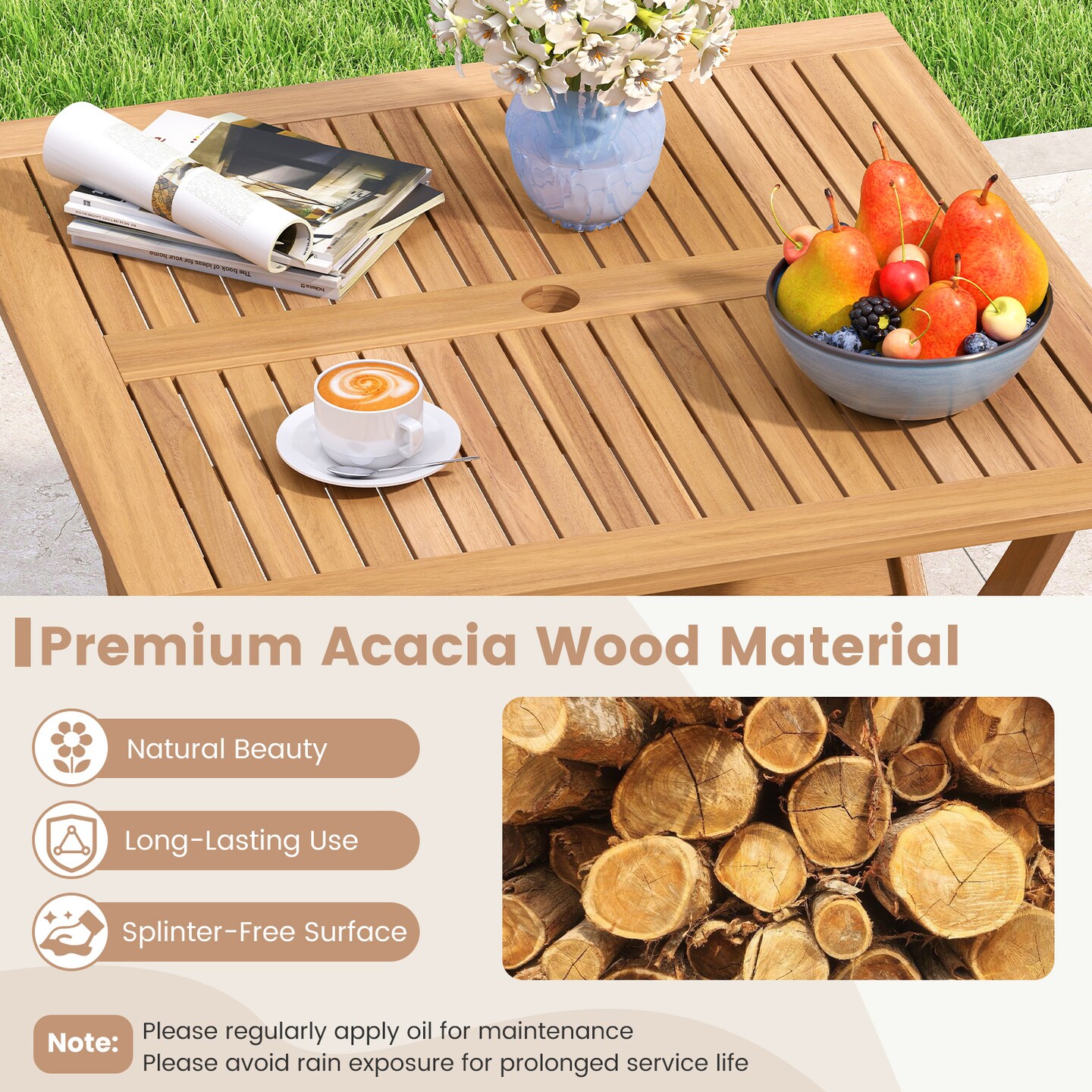 Folding 36-Inch Acacia Wood Patio Table with Umbrella Hole for Outdoor Dining