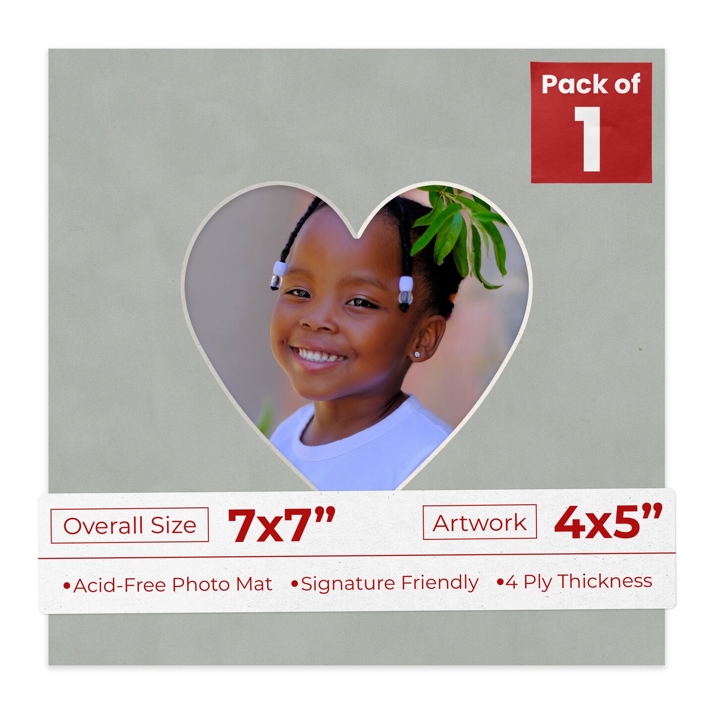 Light Grey Suede Mat Board for 7x7 Frames - Heart Opening for 4x5 Photos