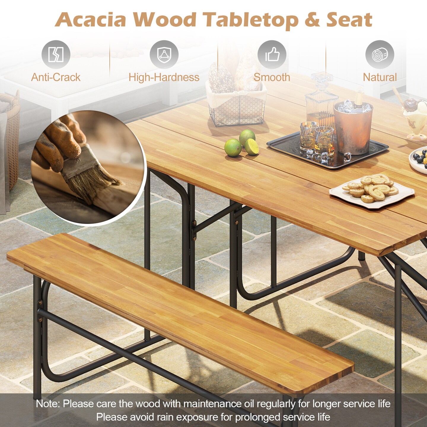 Patio Acacia Wood Picnic Table Bench for Two People, Single-Side Design