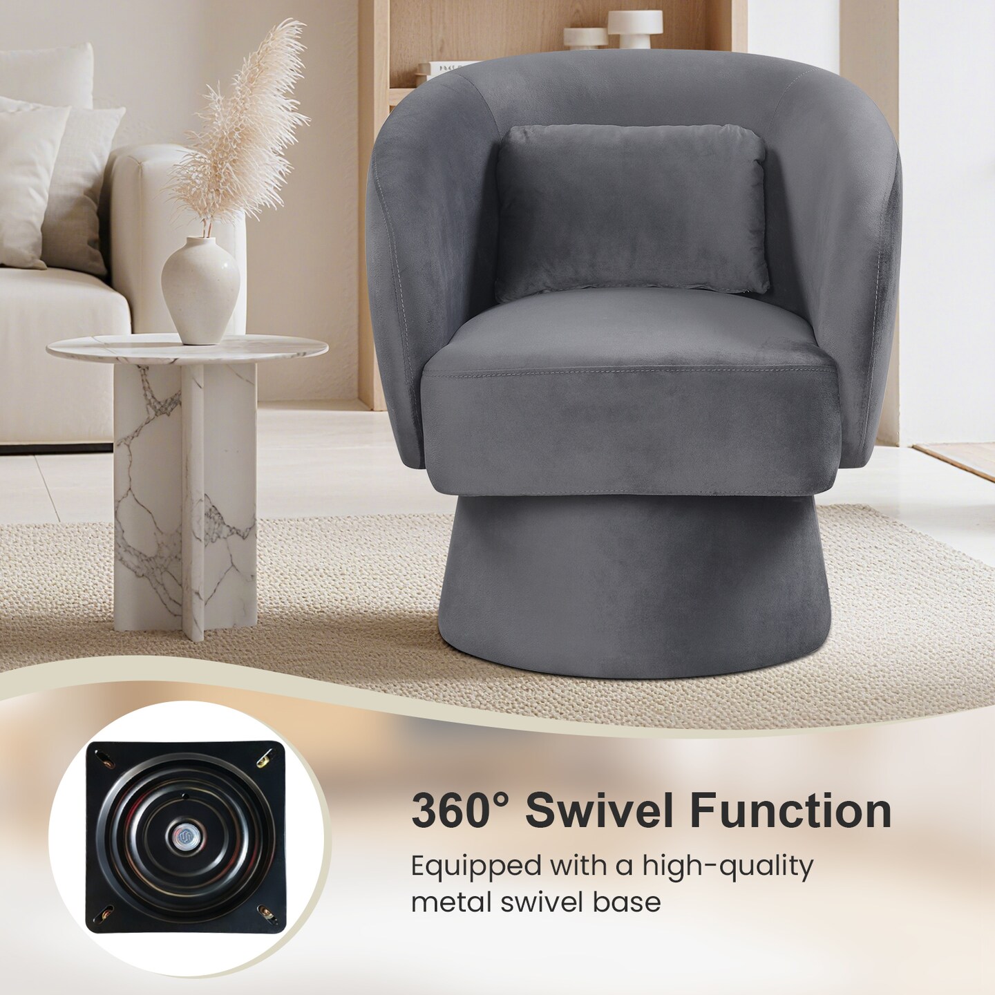 Barrel Swivel Chair Plush Fabric 360 Degree Rotation with Supportive Arms