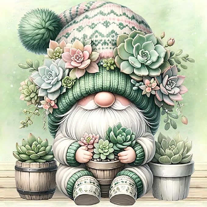 Succulent Gnome Diamond Painting Kit for Adults – 5D Full Drill DIY Round Diamond Art for Beginners – Gem Dot Craft Kit for Home Decor & Gifts – 14 x 14 Inch