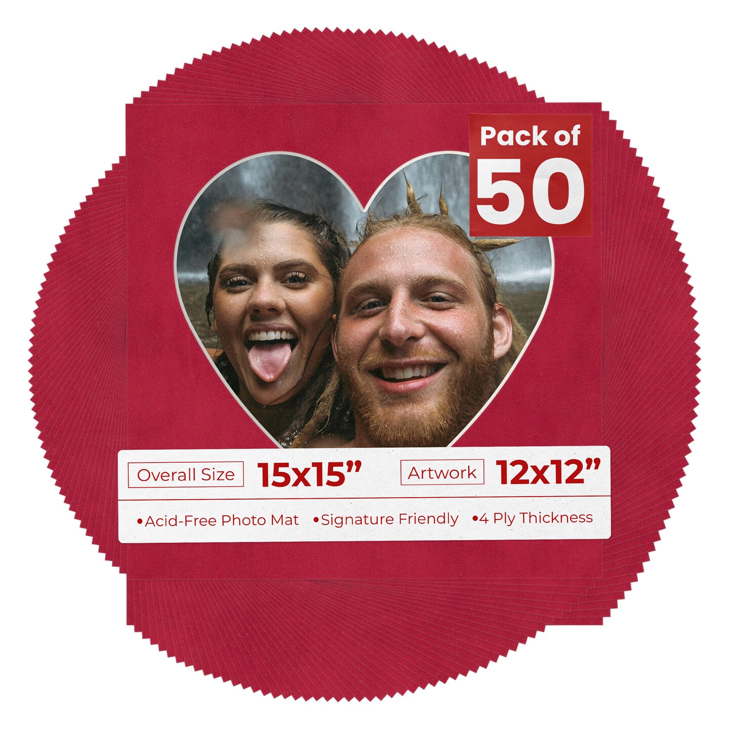 Red Suede Mat Board for 15x15 Frames - Heart Opening for 12x12 Photos