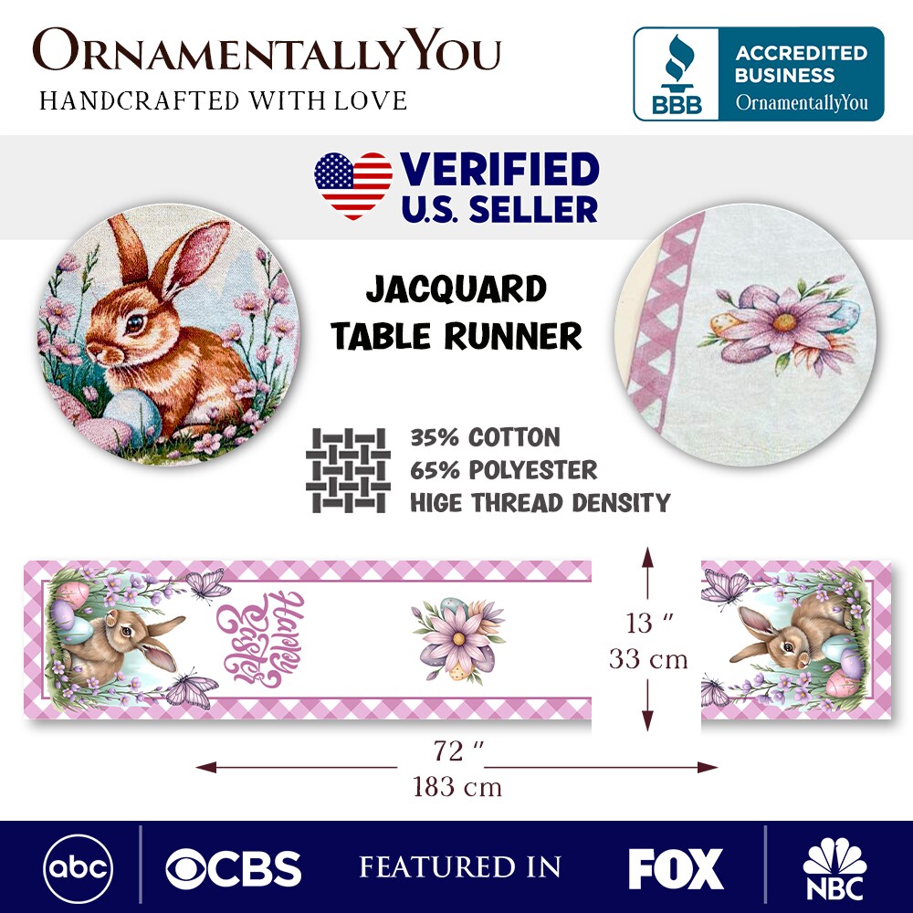 Easter Bunny 72" Jacquard Table Runner, High Quality Spring Holiday Rectangle Tablecloth with Cute Rabbit Design