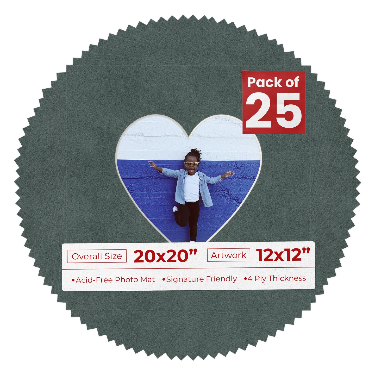 Dark Grey Suede Mat Board for 20x20 Frames - Heart Opening for 12x12 Photos