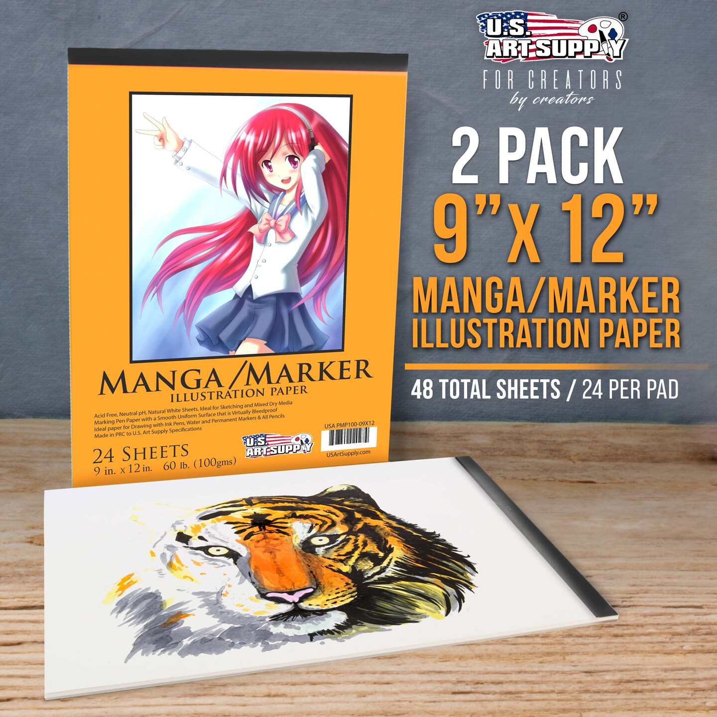 9’ x 12" Premium Manga Marker Paper Pad (2 Pack, 48 Sheets Total) - 60lb (100gsm) Drawing Sketchbook for Alcohol & Acrylic Paint Markers