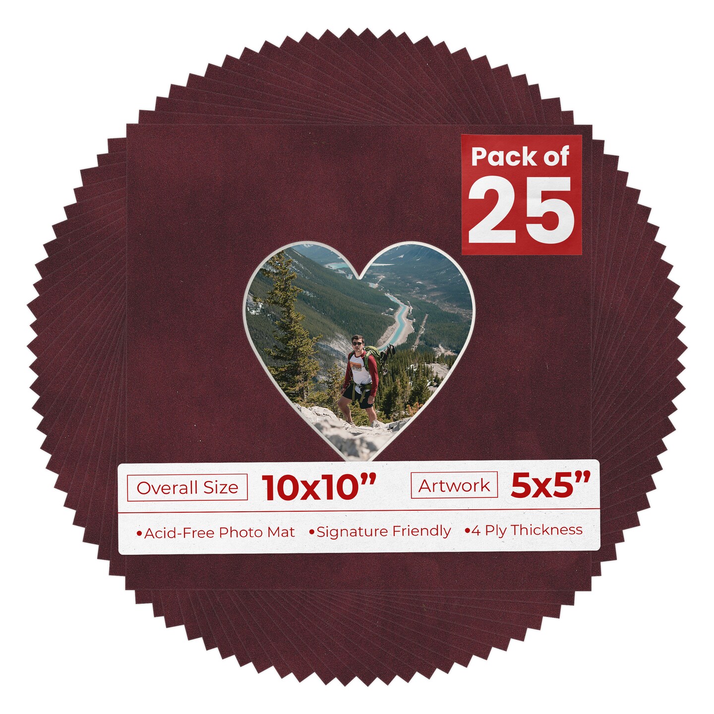 Dark Red Suede Mat Board for 10x10 Frames - Heart Opening for 5x5 Photos