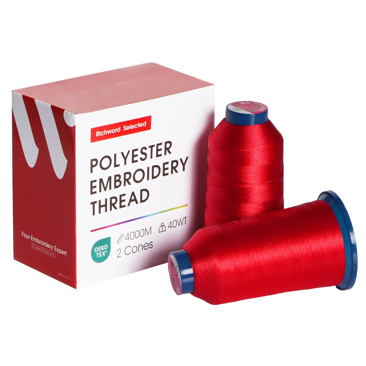 Richword Selected Embroidery Thread, 2 Rolls per Pack, 4000M (4374Y) 40WT Polyester Thread, White, Black, Red & Combo, Huge Spool for All Embroidery Machines