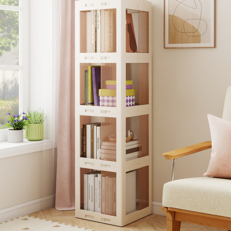 Foldable 4-Tier Rotating Bookshelf with Swivel Base for Books & Decor