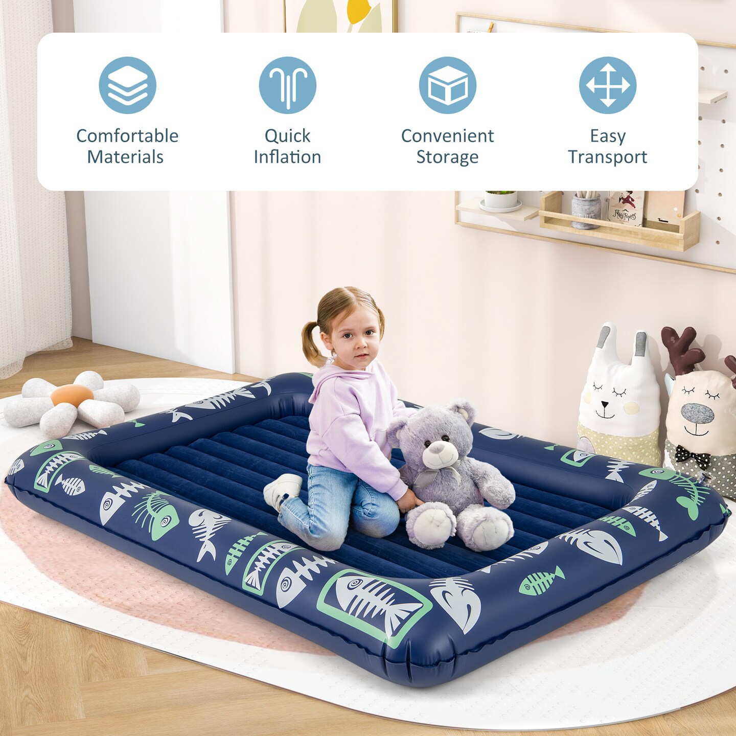 Inflatable kids Bed with Raised Rails, Electric Pump, for Home and Travel