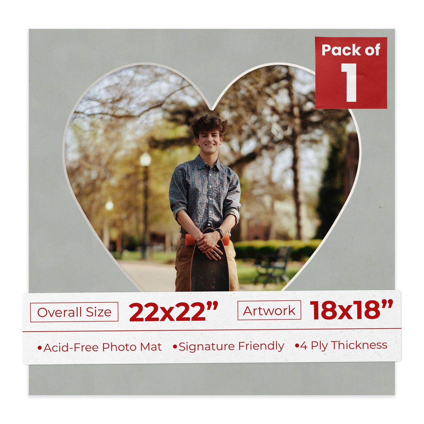 Light Grey Suede Mat Board for 22x22 Frames - Heart Opening for 18x18 Photos