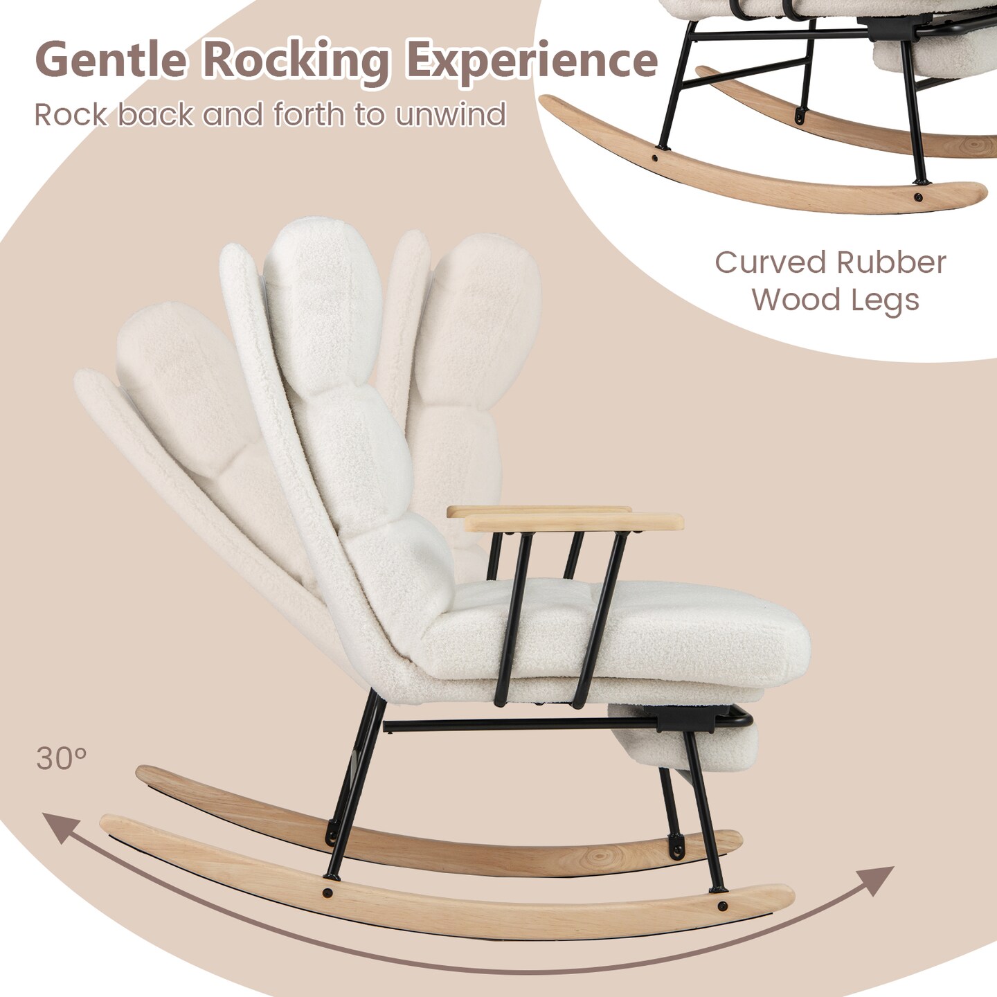 Modern Teddy Velvet Rocking Chair with Adjustable Backrest and Footrest for Living Room