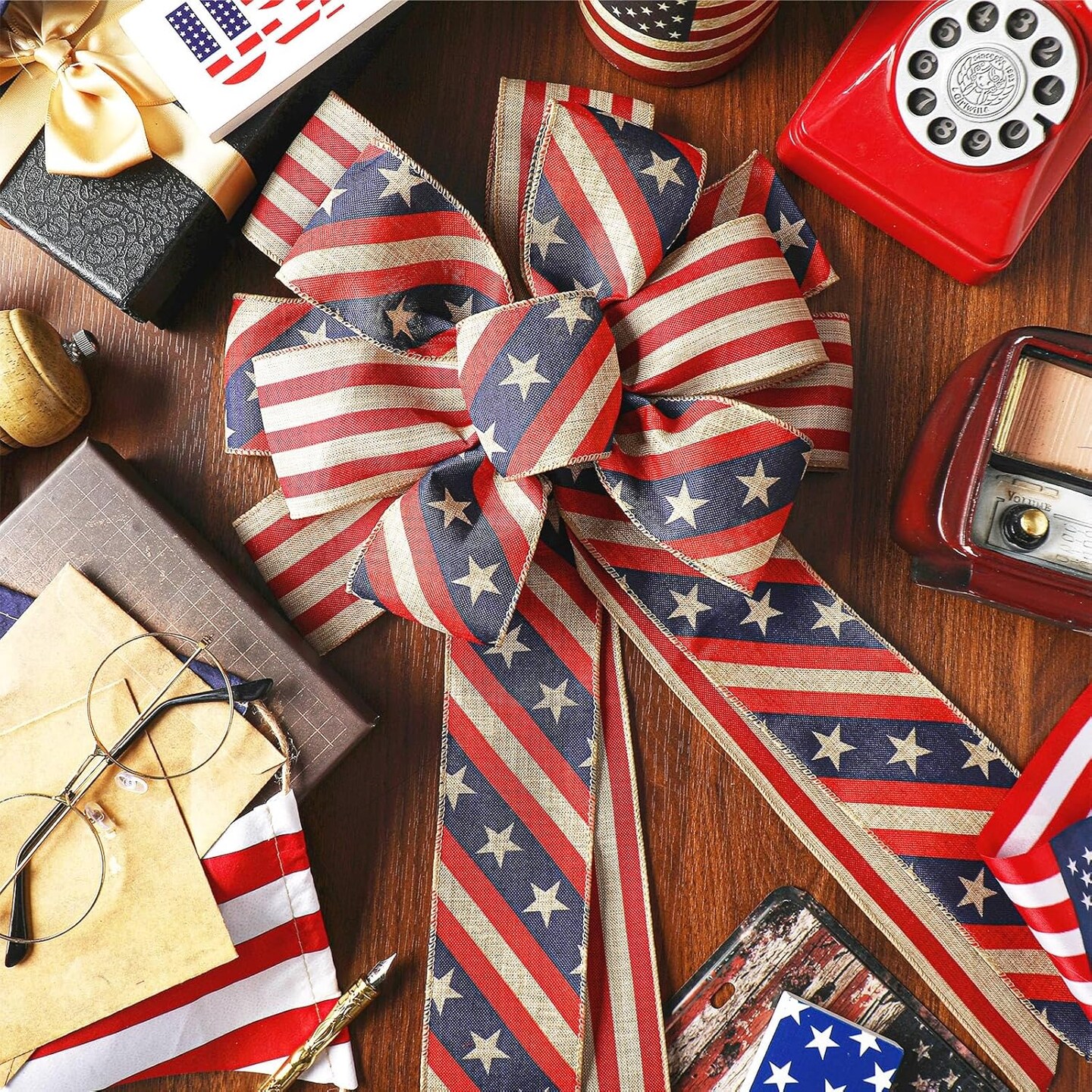 2 Pcs 4th of July Bows Red White Blue American Flag Patriotic Wreath Burlap Tree Topper for Indoor Outdoor Independence Day Memorial Day Party Decoration