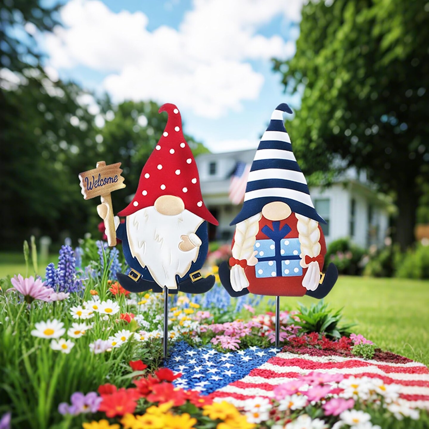 2 Pcs Memorial Day Patriotic Gnome Garden Decor, 4th of July Decorations for Outdoor Metal Yard Art Sign, Decorative Garden Stake for Lawn, Independence Day Gifts 23.2''