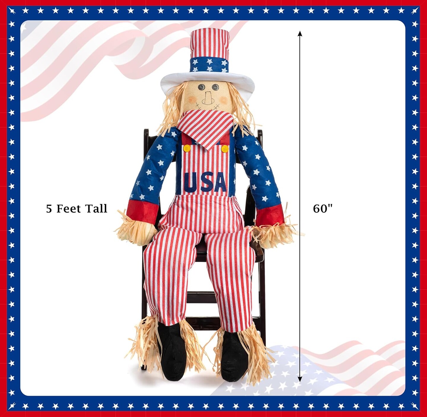 Large Independence Day Uncle Sam Scarecrow Sitter Decor, 60&#x22; Life Size Patriotic Sitting Male Boy Scarecrows Outdoor Decoration 4th of July Home Porch Yard Garden