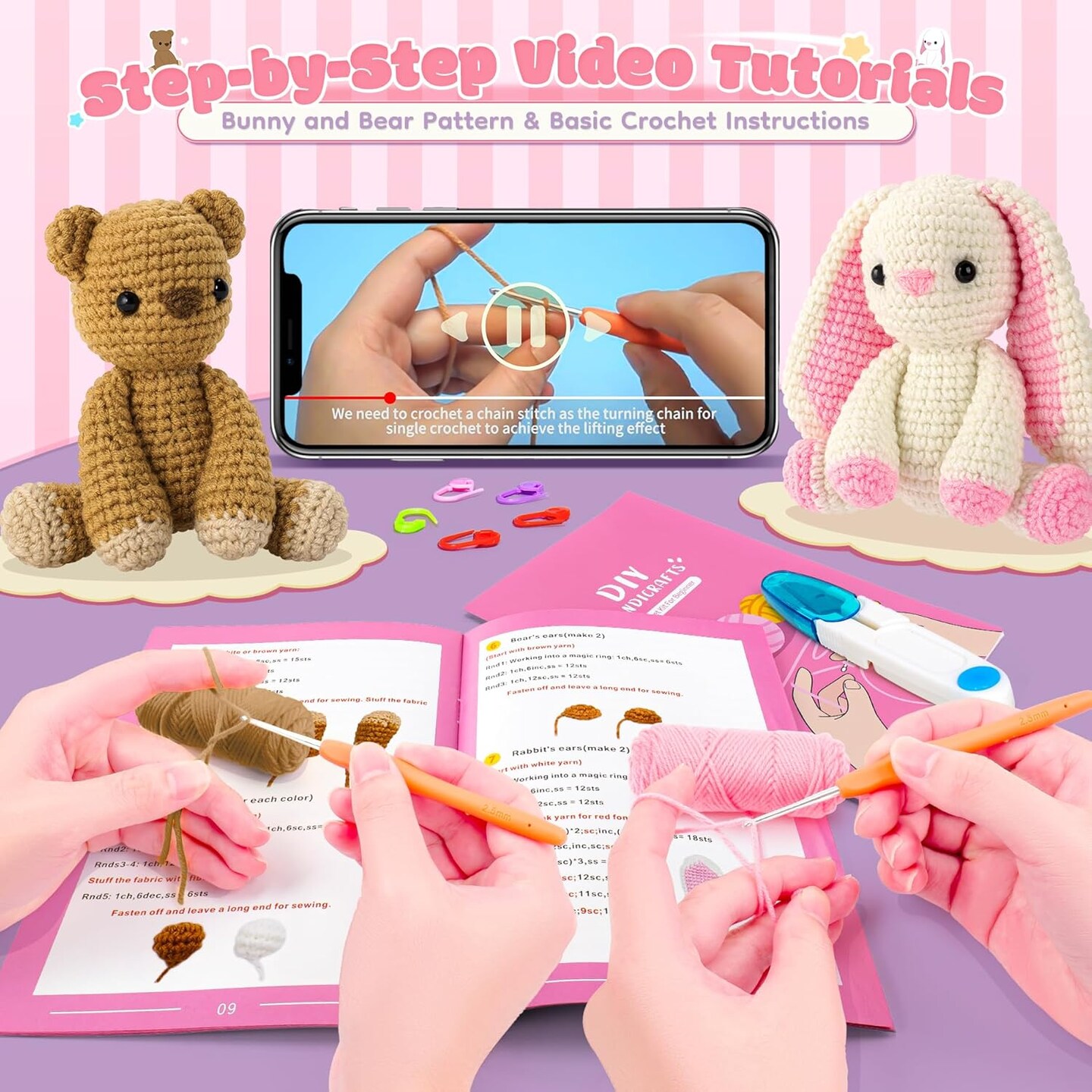Crochet Kit for Beginners, Bunny and Bear Crochet Animal Kit with Step-by-Step Video Tutorials, Crocheting Kit for Starters, Beginner Crochet Kit