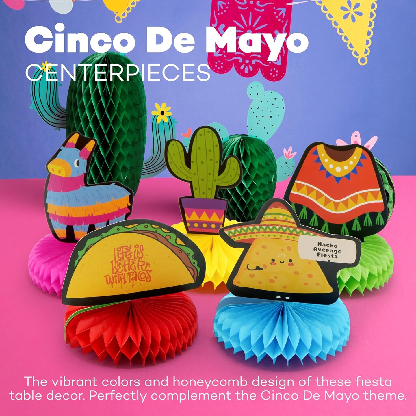 4E&#x27;s Novelty 5 Pack Cinco de Mayo Honeycomb Centerpiece for Kids, Taco Tuesday, Birthday &#x26; Mexican Theme Party Supplies