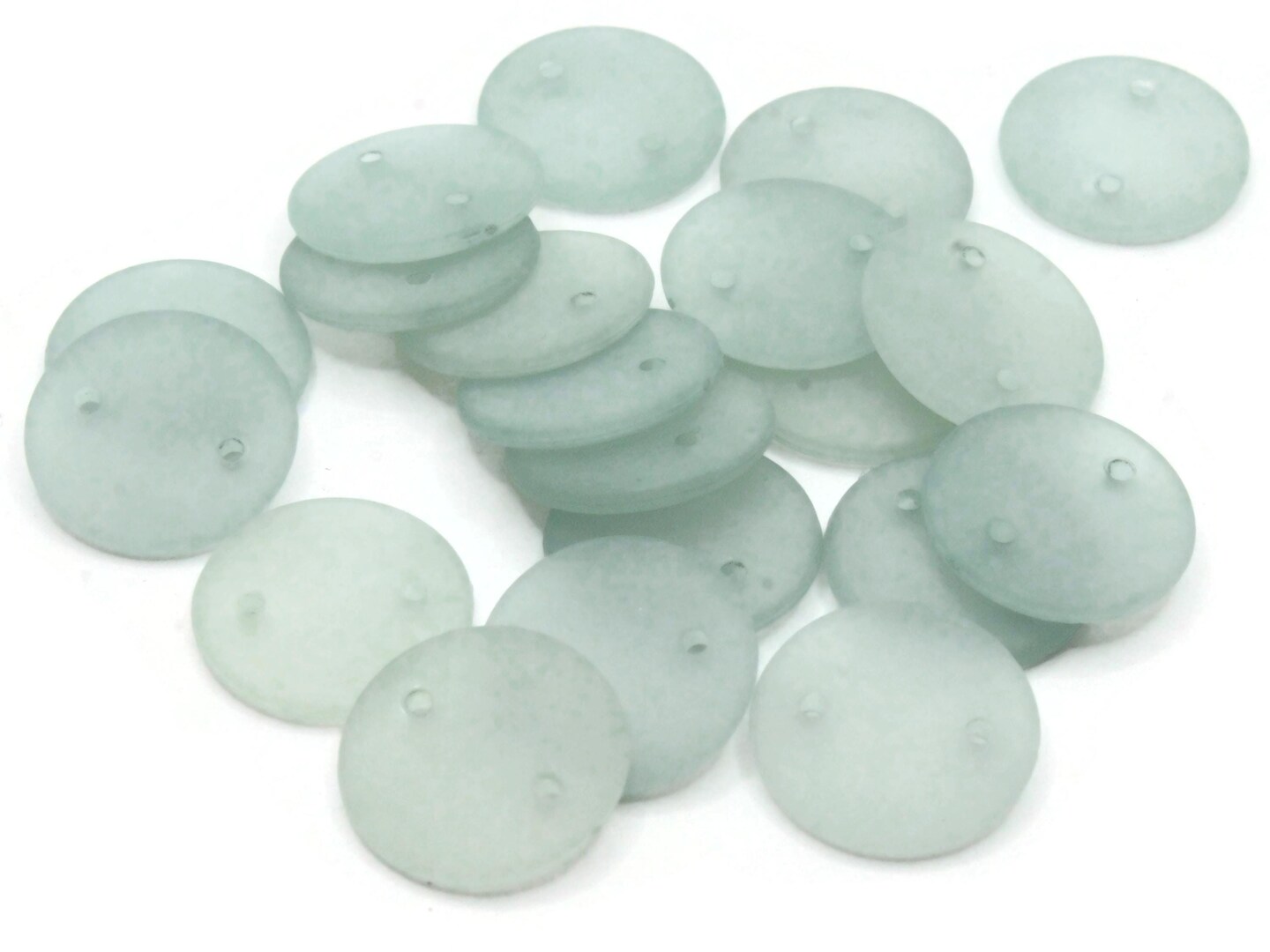 20 16mm Flat Round Two Hole Link Frosted Green Vintage Lucite Plastic Beads