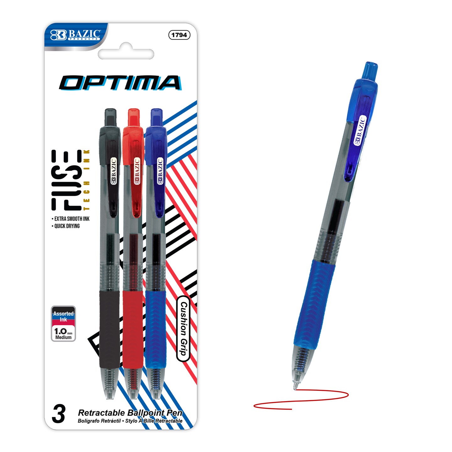 BAZIC Optima Retractable Assorted Color Oil-Gel Ink (3/Pack)