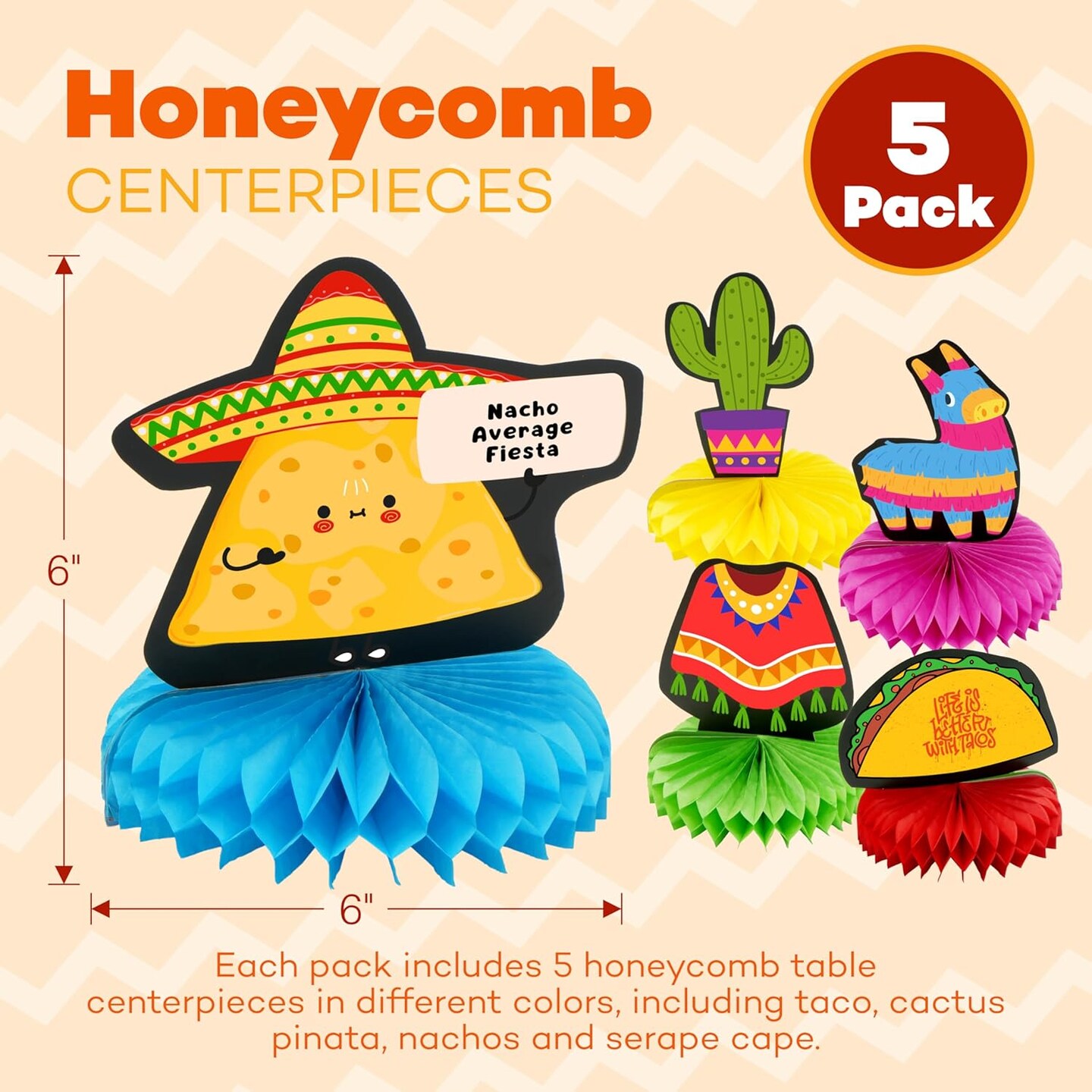 4E&#x27;s Novelty 5 Pack Cinco de Mayo Honeycomb Centerpiece for Kids, Taco Tuesday, Birthday &#x26; Mexican Theme Party Supplies