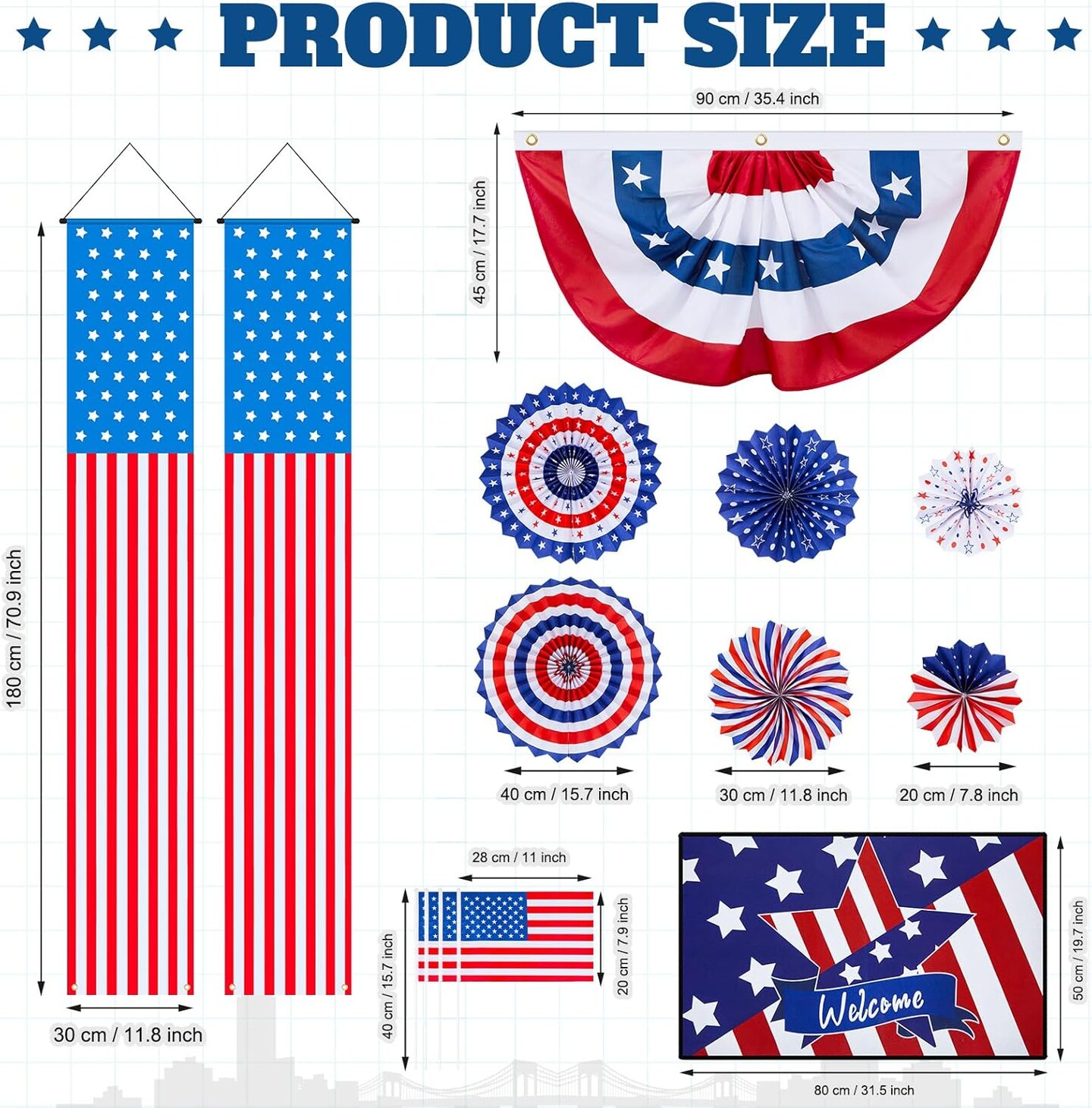 14 Pcs 4th of July Porch Sign Outdoor Decorations, 5.9&#x27; American Patriotic Hanging Paper Fans Flag Banners Mat Set Memorial Day Front Door Decoration for USA Independence Day Party Supplies