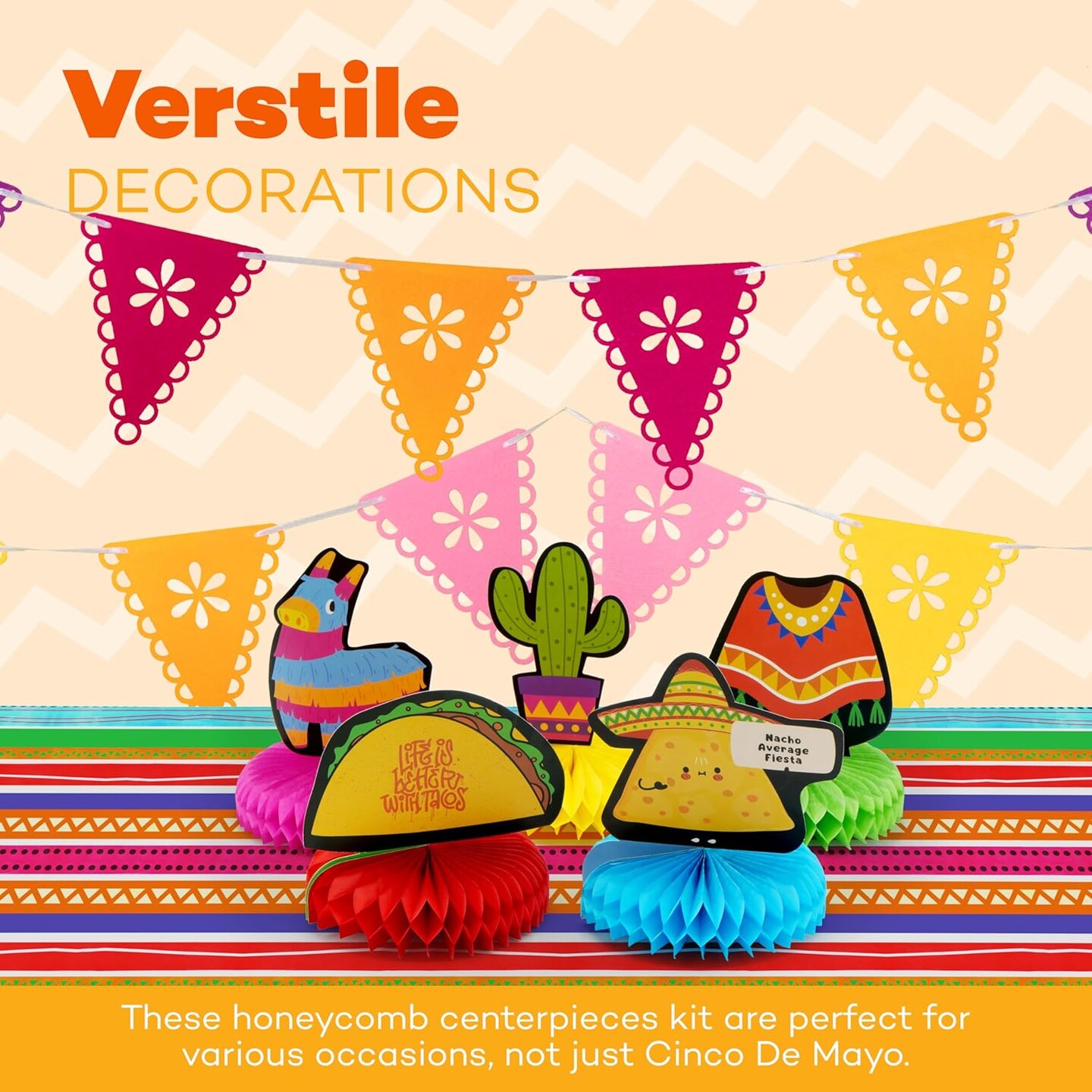 4E&#x27;s Novelty 5 Pack Cinco de Mayo Honeycomb Centerpiece for Kids, Taco Tuesday, Birthday &#x26; Mexican Theme Party Supplies