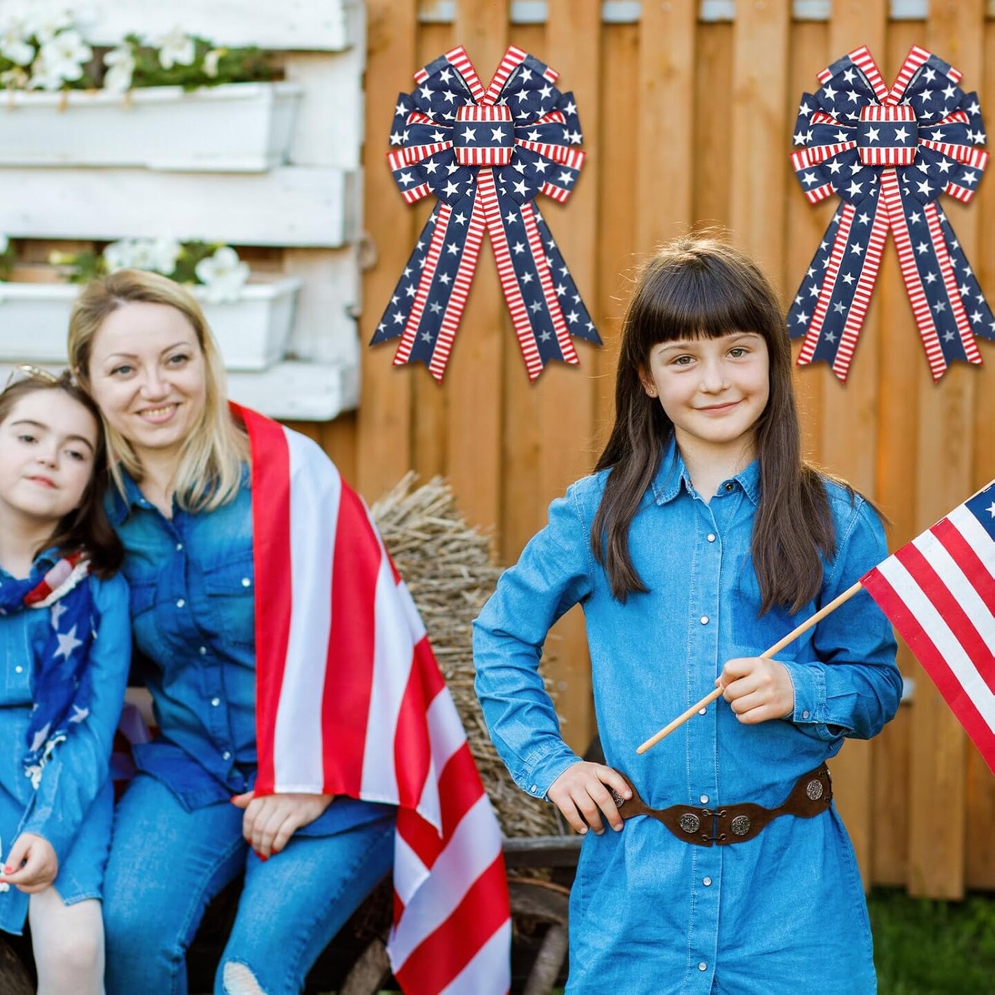 2 Pcs Patriotic Bows Red White Blue 4th of July Decor Stars Wreath Burlap Tree Topper American Flag Bow for Indoor Outdoor Independence Day Memorial Day Party Decoration