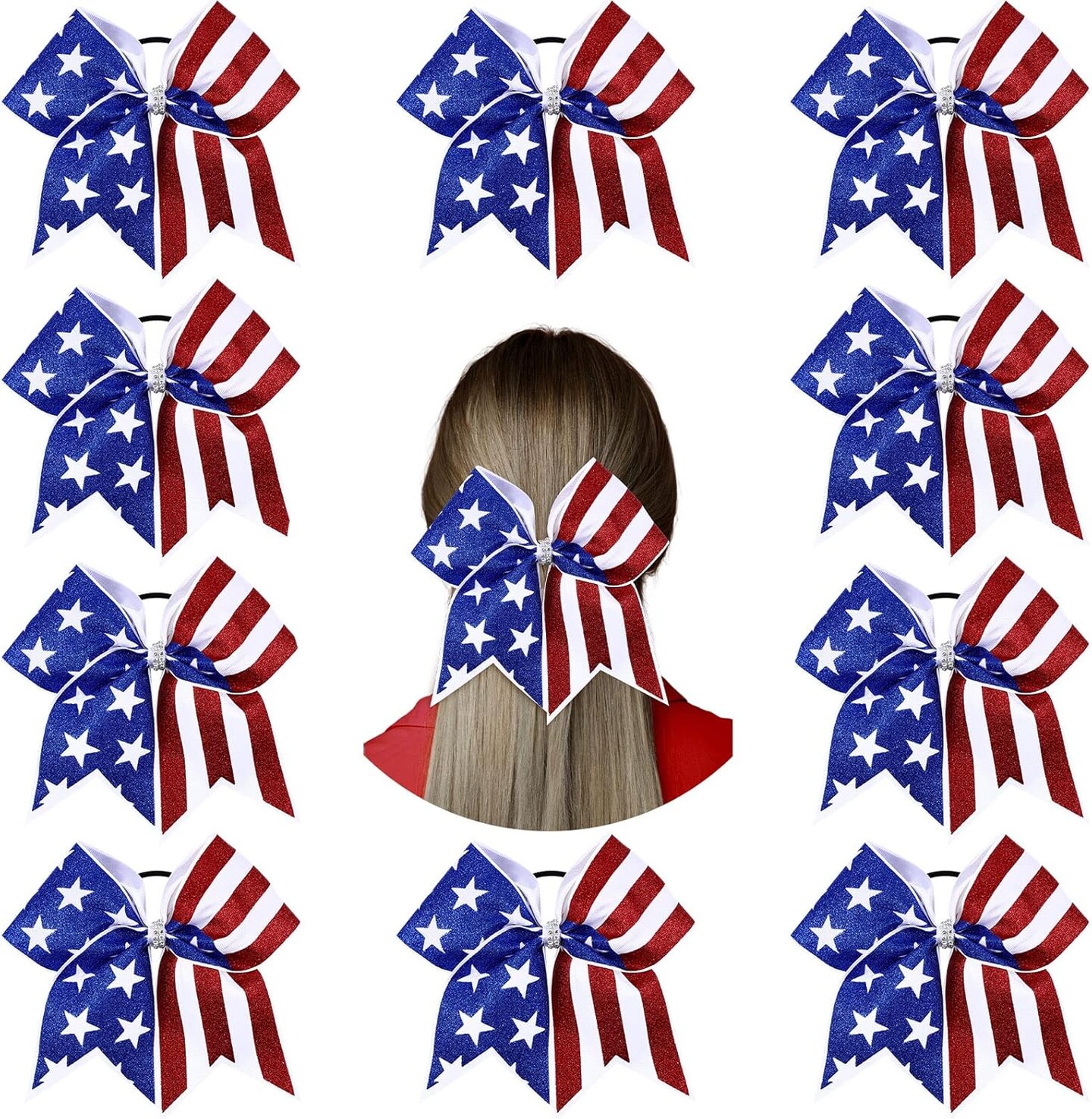 10 Pcs 4th of July Glitter Cheer Hair Bows 8'' Patriotic Cheerleader Red White Blue America Flag Hair Bow with Elastic Ponytail Holder Independence Day Accessory for Kids