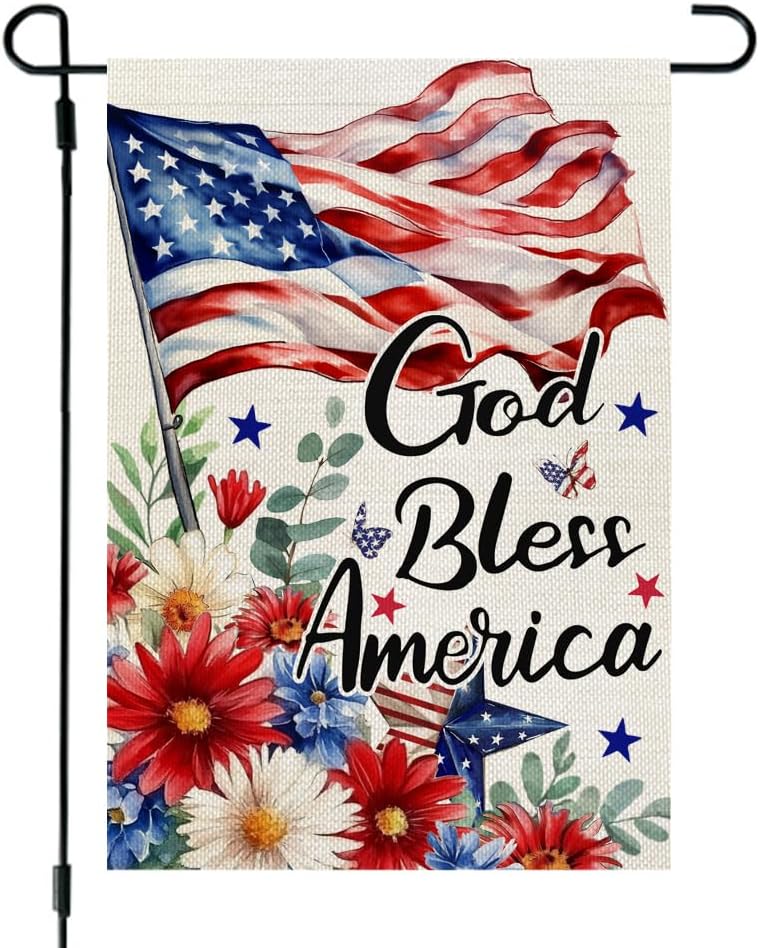 4th of July Floral Garden Flag God Bless America USA Double Sided 12x18 Inches for Outside Small Burlap Patriotic Independence Memorial Day Holiday Yard Decoration CF1776-12