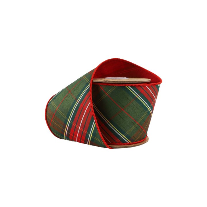 LaRibbons 4&#x22; - 2 1/2&#x22; Wired Dupioni Ribbon | Red/Dark Green Plaid Bias Cut Double-Fused Red Backing | 5 Yard Roll