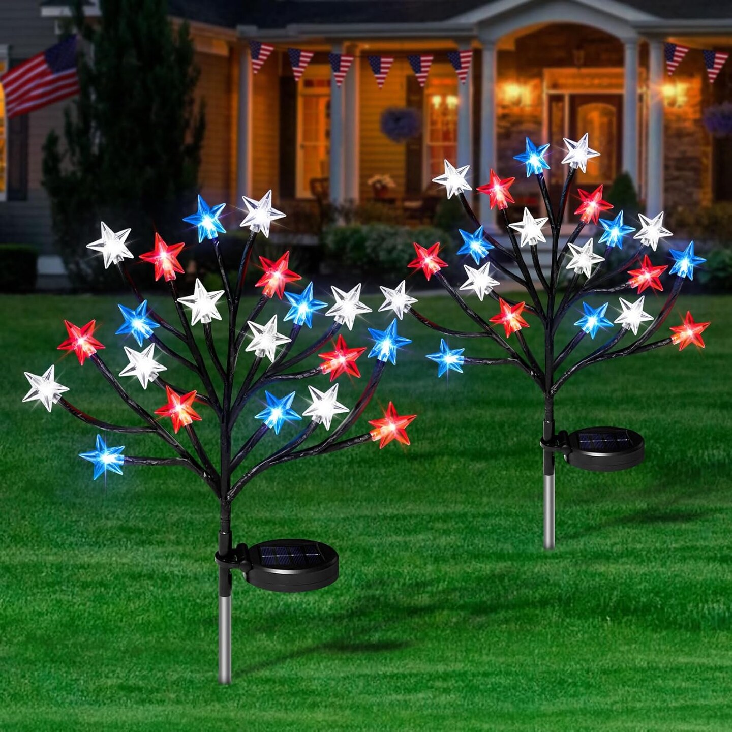 4th of July Solar Star Tree Lights Decorations Outdoor, Waterproof Red White and Blue Lights for Fourth of July Decor, Patriotic Decorations for Garden Yard Pathway Patio (2)