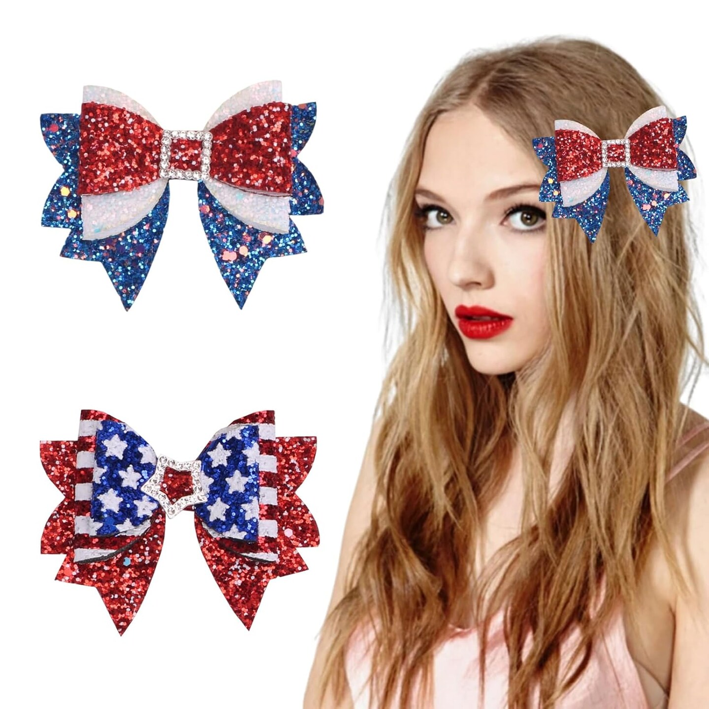 4th of July Patriotic Hair Bows Alligator Clips, 2Pcs Independence Day Glitter Hair Bow Clips Sparkly Red White Blue Sequin Hair Barrettes Hair Accessories for Women Memorial Day Party Decor