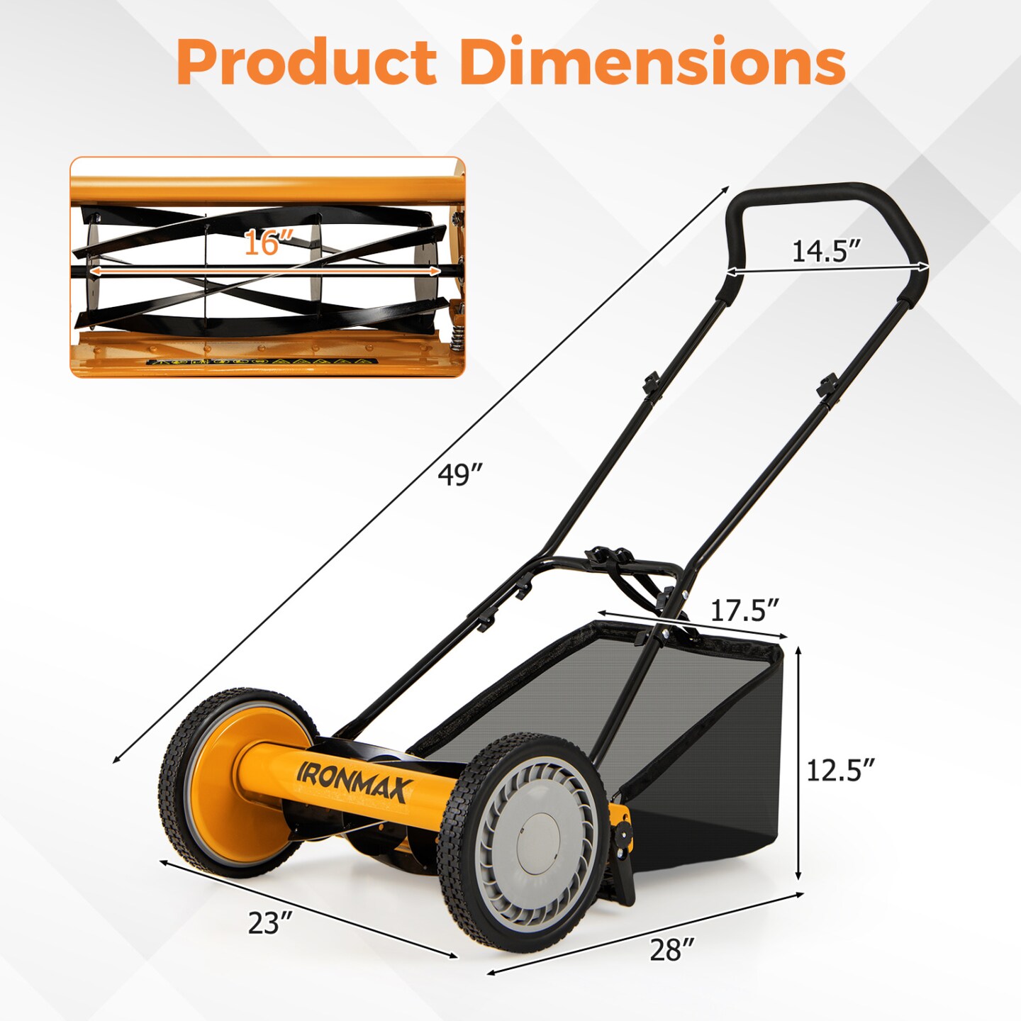 Manganese Steel Push Lawn Mower with Adjustable Height and Rear Bag