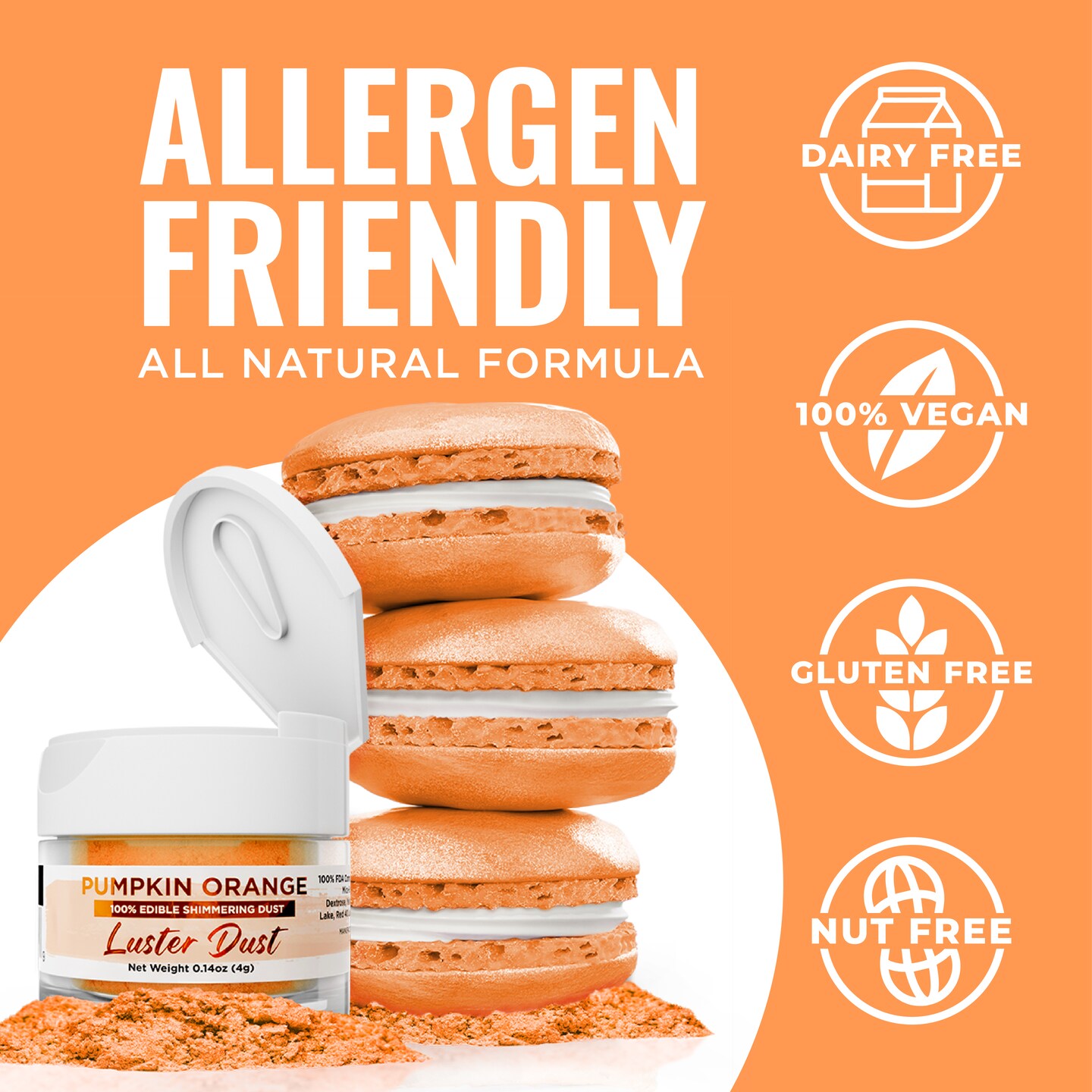 Bakell - Pumpkin Orange Luster Dust (4g, 1x Jar) Edible Vegan Dust & Paint for Baking, Desserts and Beverages