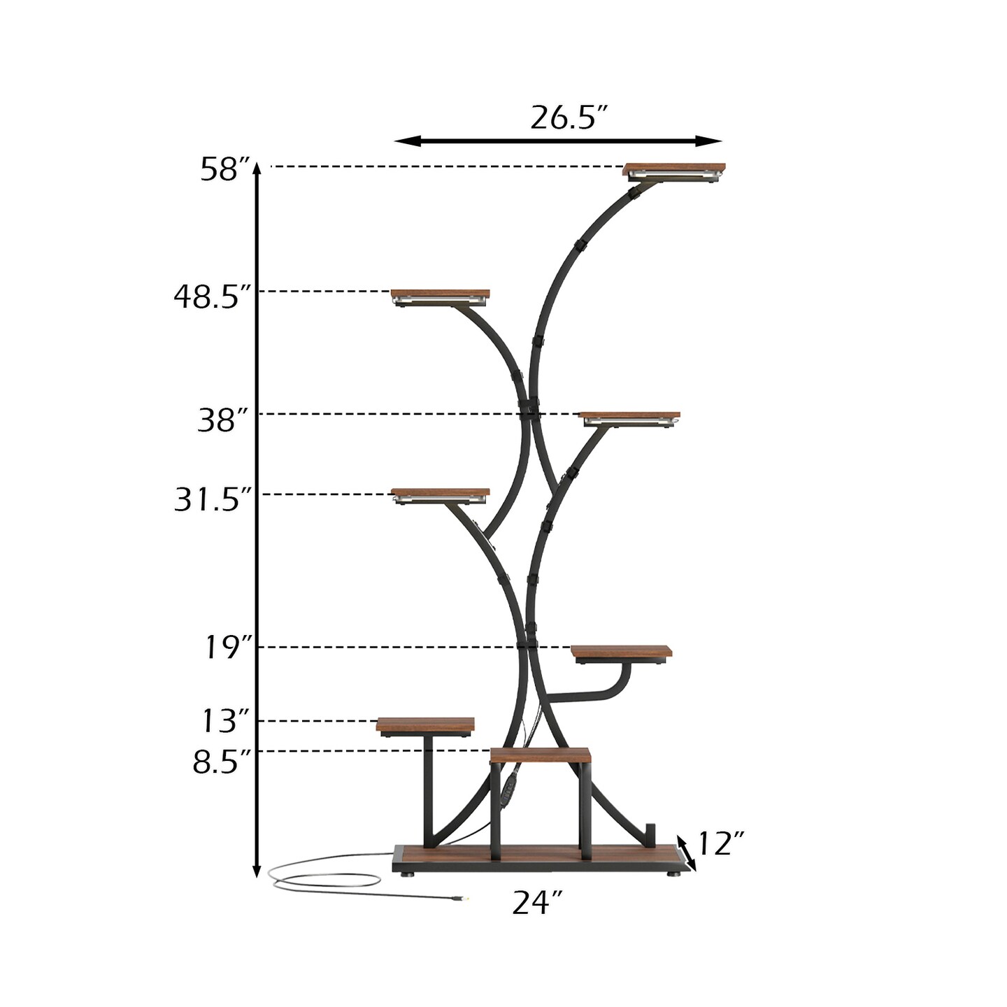 Brown - Black Corner Plant Stand with Grow Lights Tall Metal Rack