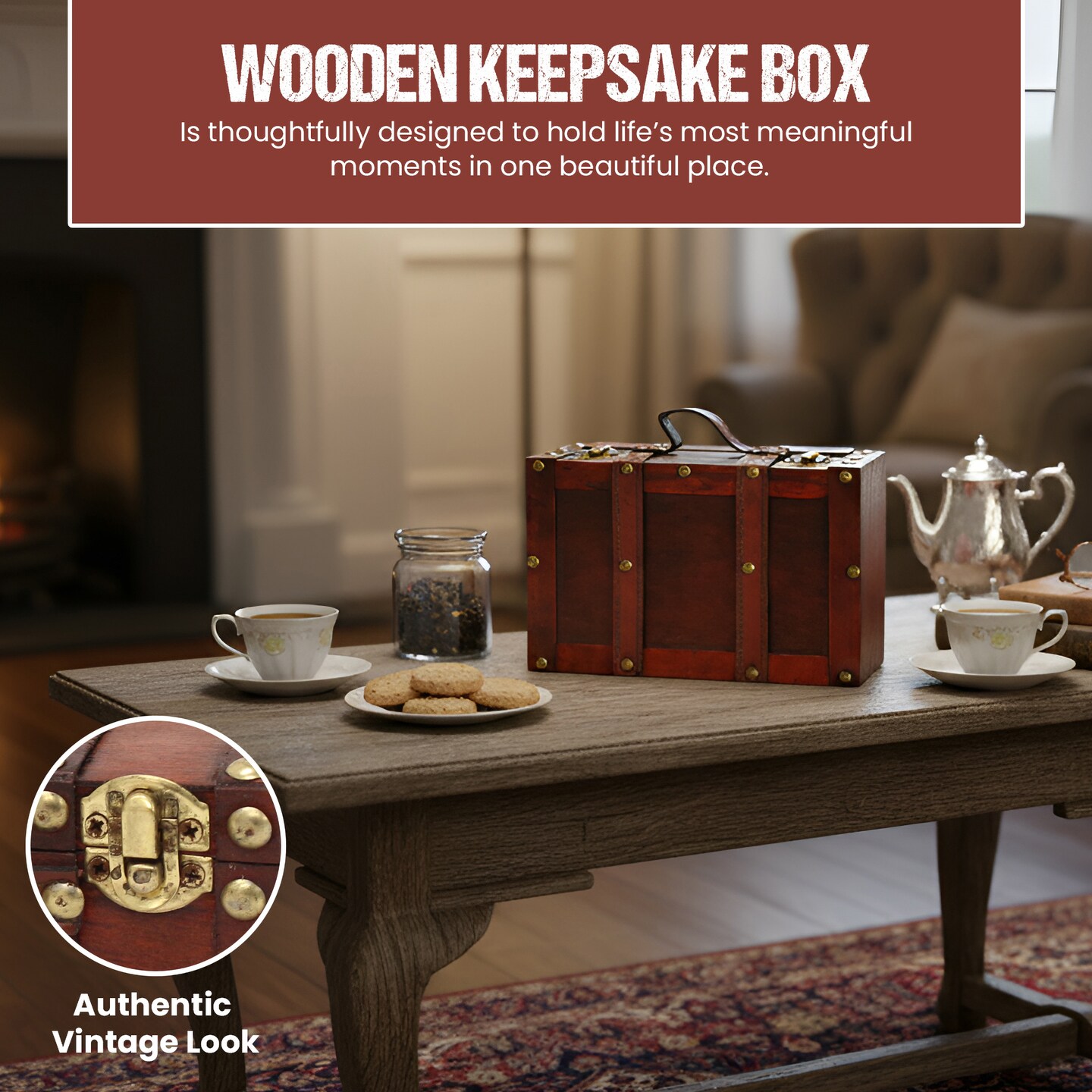 Wooden Vintage Luggage Trunks - Antique Carry-on Suitcase Storage Box with Hinged Lids, Old-Fashioned Decorative Box