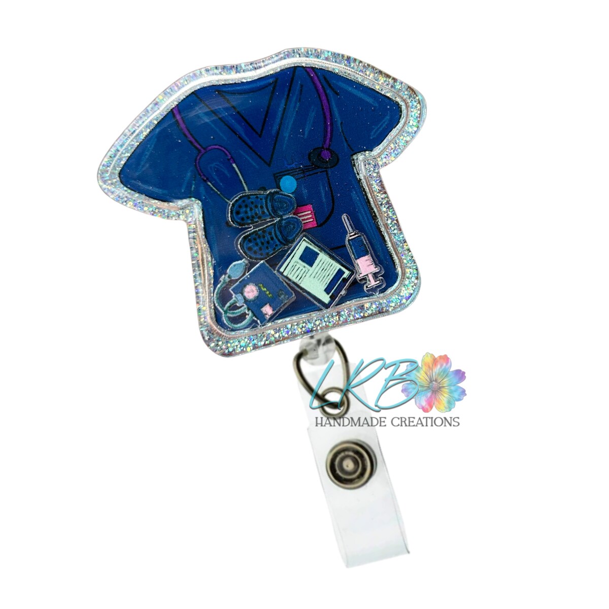 Scrub Top (Navy) SHAKER Badge Reel - Handmade Healthcare Badge