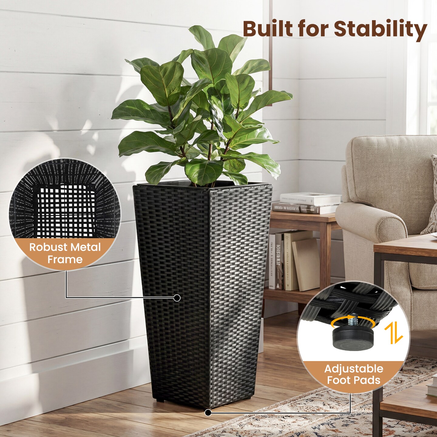 Black Woven Rattan Tall Flower Pots with Detachable Liners Set of 2