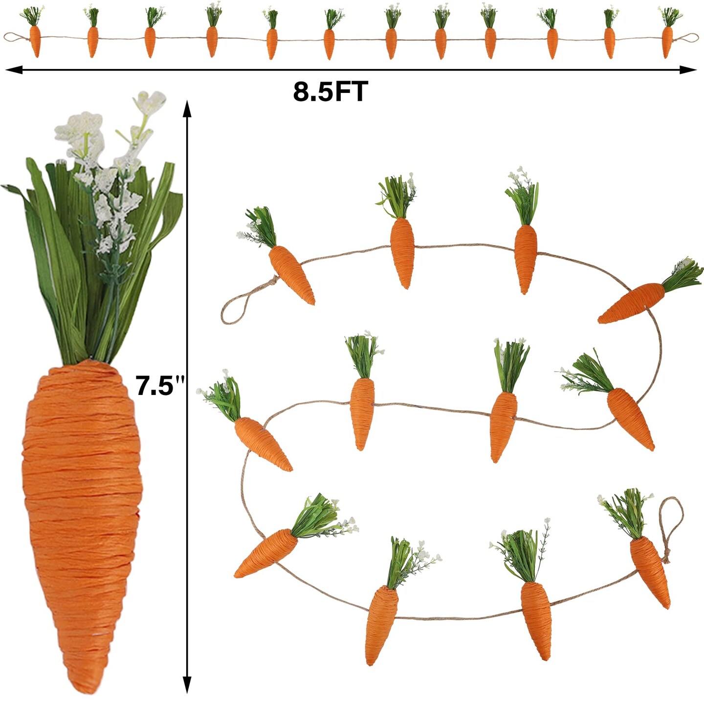 Easter Garland Decor, 12 Pcs Carrot Ornament for Mantel Decorations, 8.5 FT Hanging Artificial Carrots Garland Carrot Banner for Fireplace Home Kitchen Party