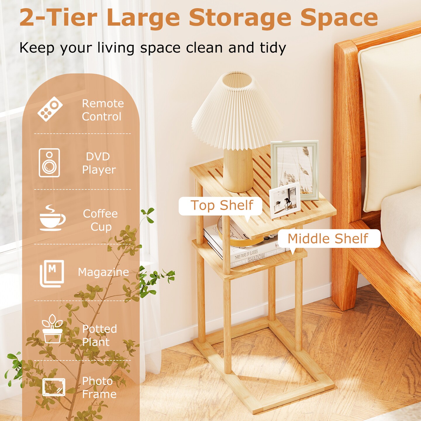 Natural Wicker End Table 2-Tier Storage Nightstand Accent Table