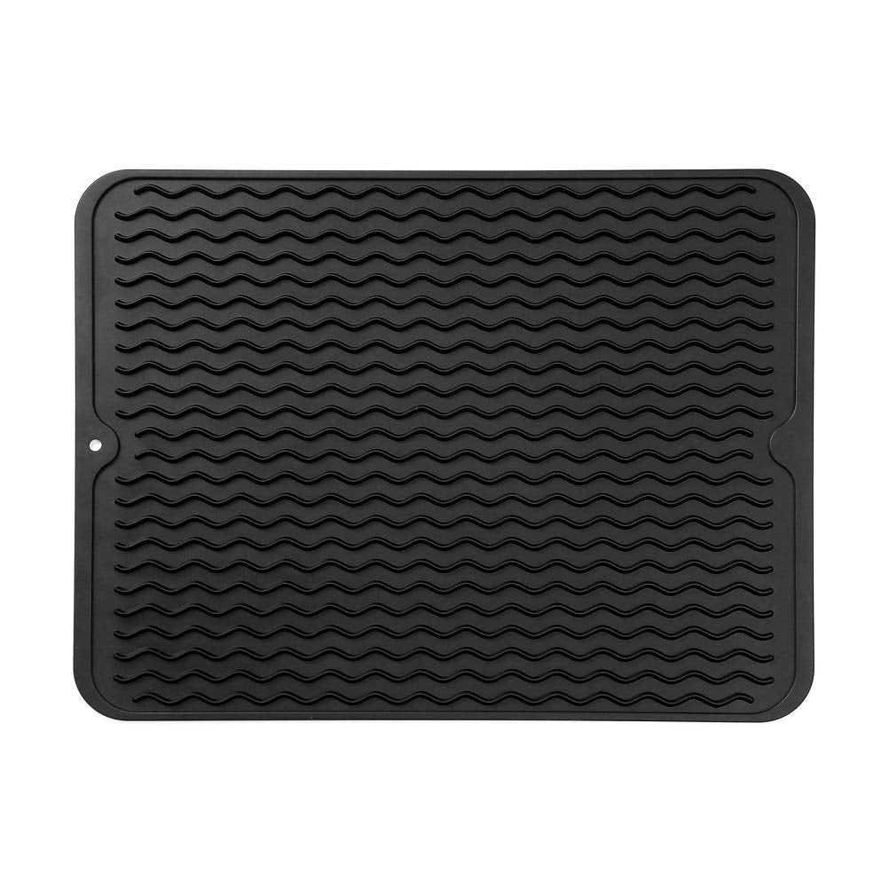 Silicone Dish Drying Mat for Multiple Usage,Easy clean,Eco-friendly,Heat-resistant Silicone Mat for Kitchen Counter or Sink,Refrigerator or drawer liner Black L 16 inches x 12 inches
